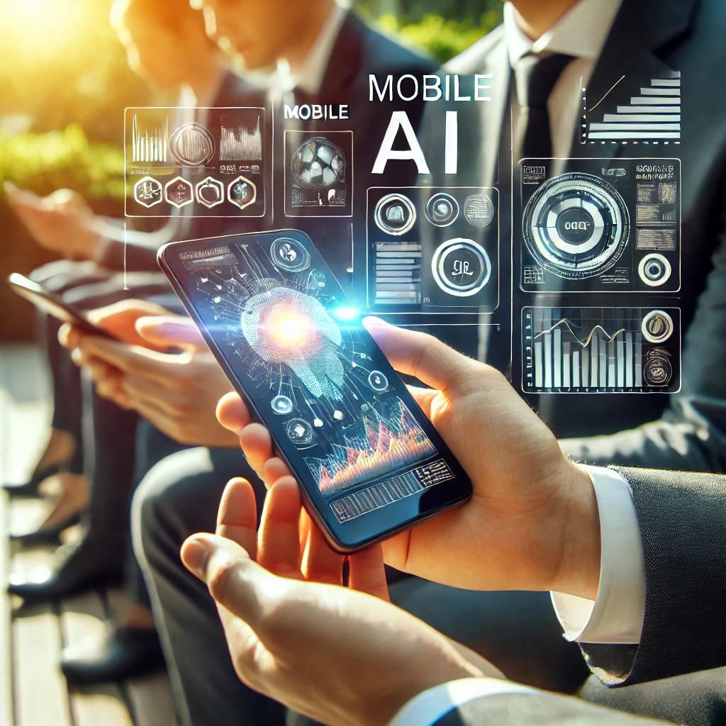 Image of a group of executives making decisions using mobile applications with Artificial Intelligence, charts, and data analysis.